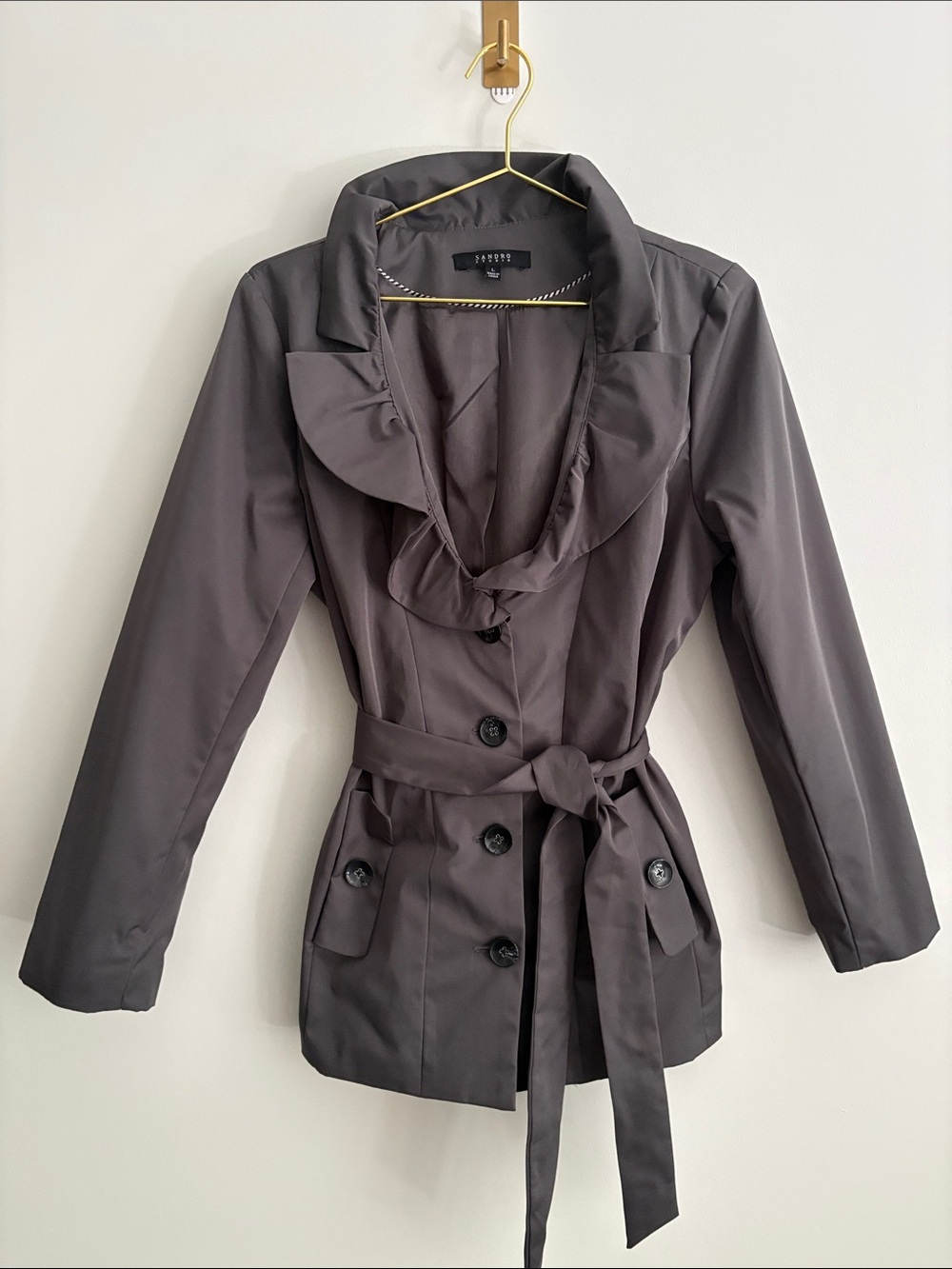 Sandro Studio Ruffle Collar Trench Coat Jacket Blazer in Grey Lined Size L